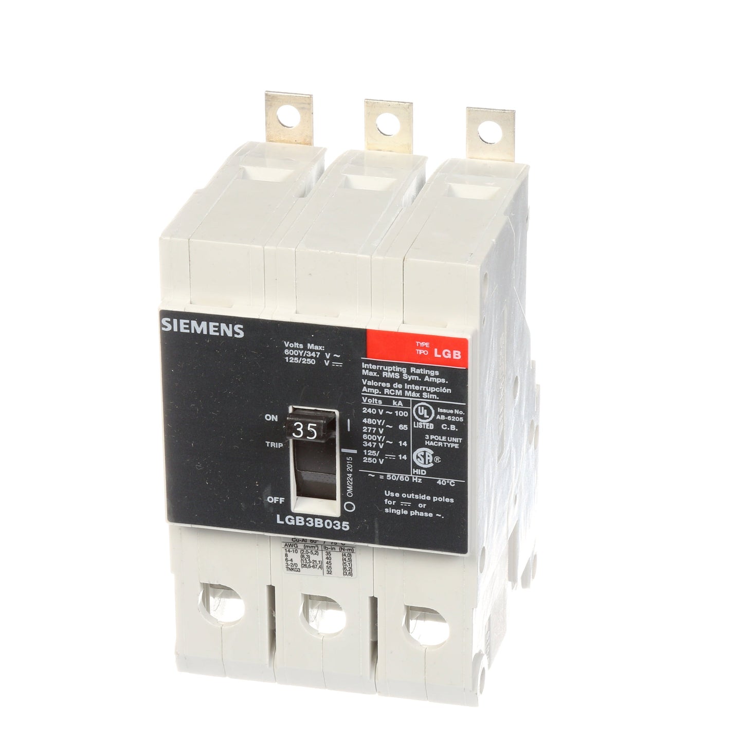 Siemens LGB3B035B Molded Case Circuit Breaker | 600V 35A 3P 100kA@240V Bolt-On VL Series