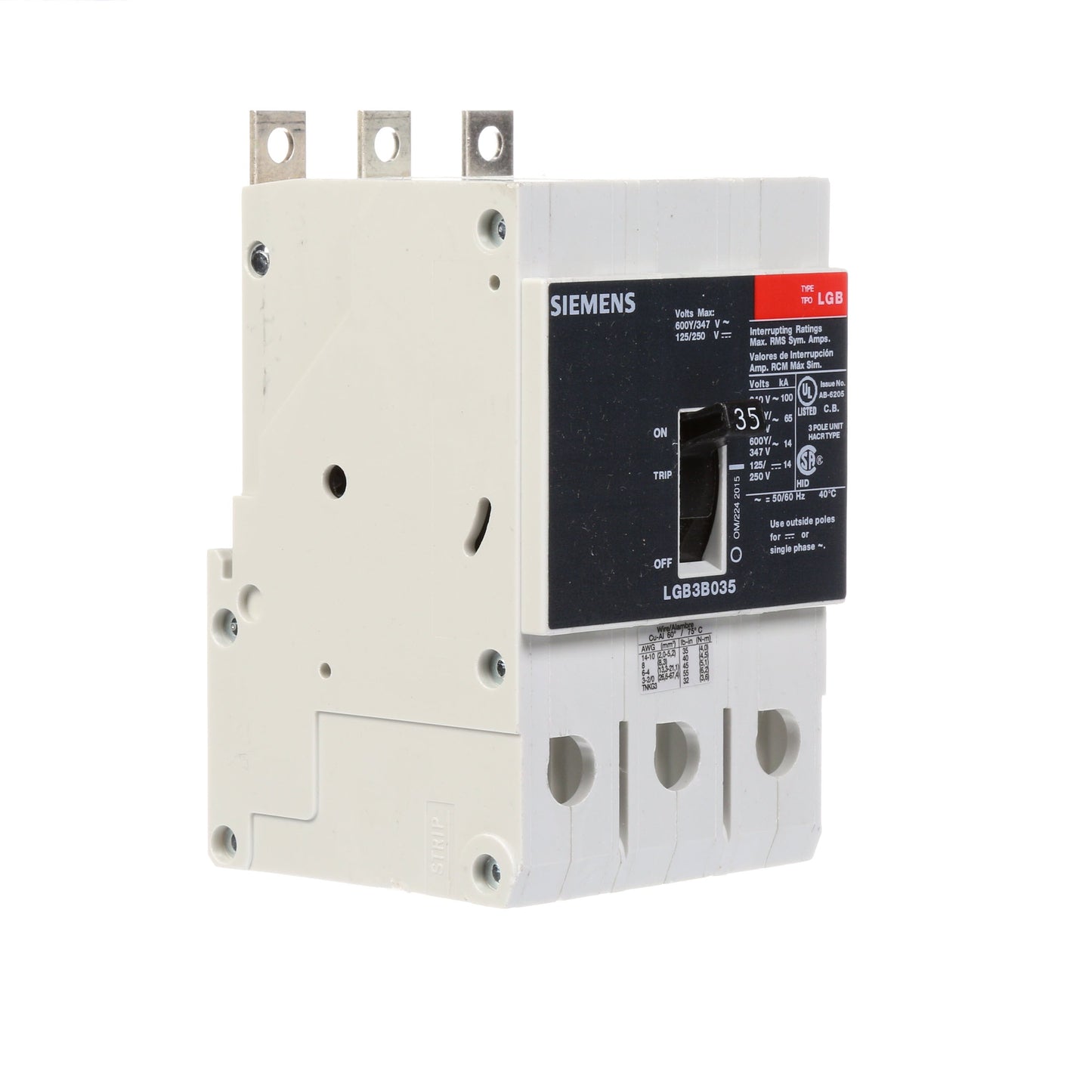 Siemens LGB3B035B Molded Case Circuit Breaker | 600V 35A 3P 100kA@240V Bolt-On VL Series