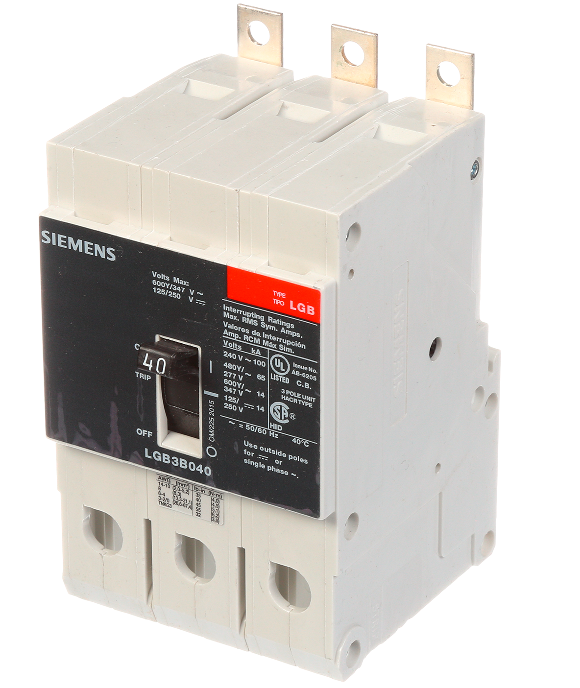 Siemens LGB3B040B Molded Case Circuit Breaker | 600V 40A 3P 100kA@240V Bolt-On VL Series