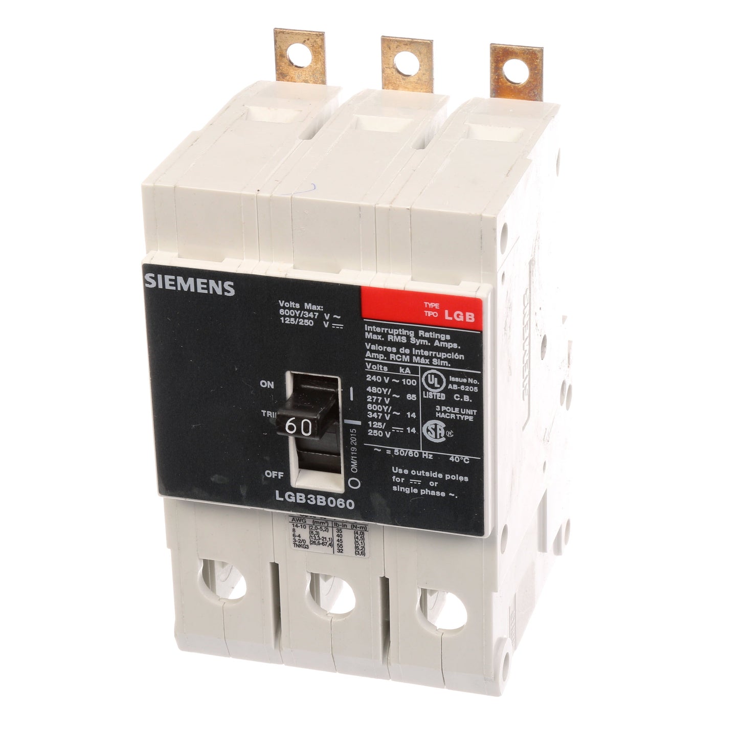 Siemens LGB3B060B Molded Case Circuit Breaker | 600V 60A 3P 100kA@240V Bolt-On VL Series