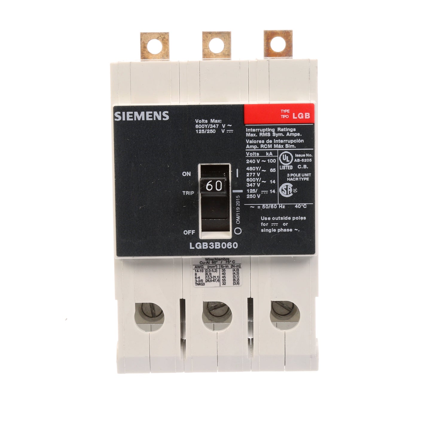 Siemens LGB3B060B Molded Case Circuit Breaker | 600V 60A 3P 100kA@240V Bolt-On VL Series