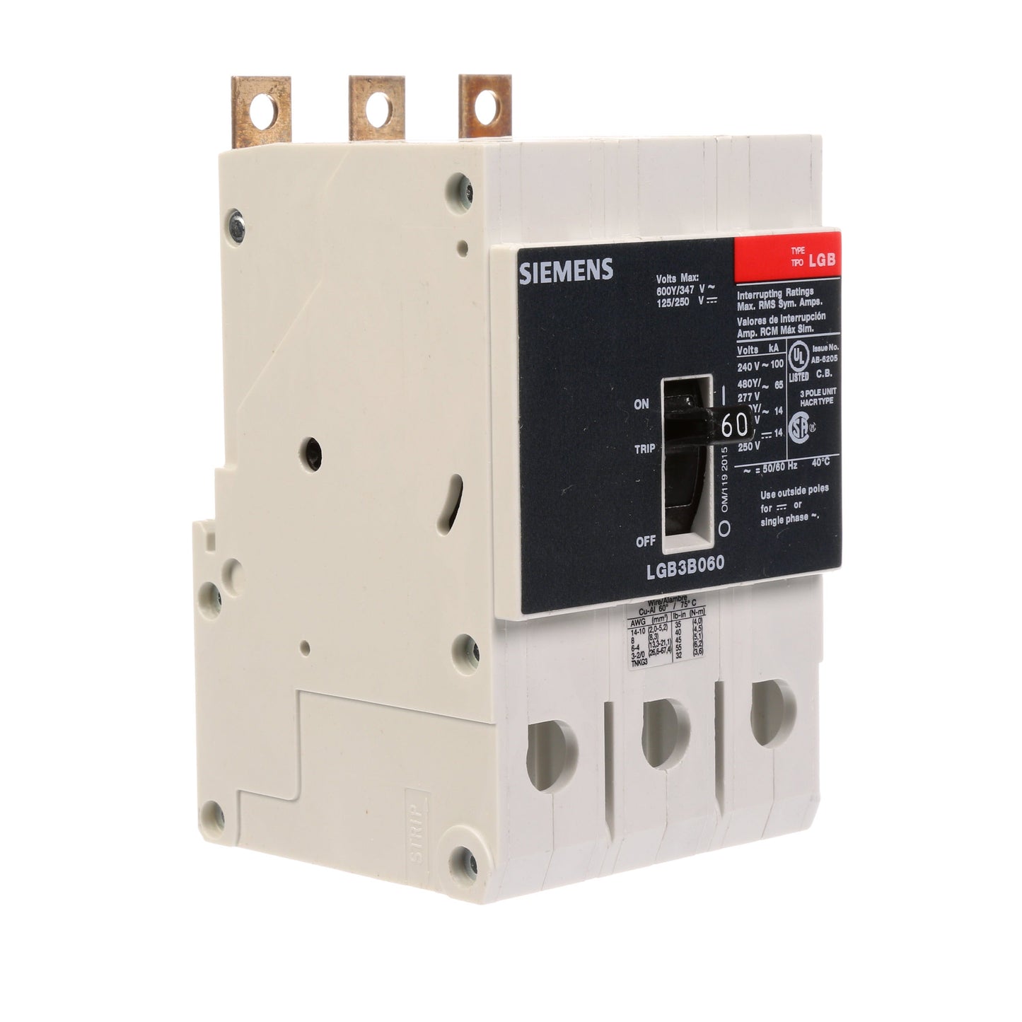 Siemens LGB3B060B Molded Case Circuit Breaker | 600V 60A 3P 100kA@240V Bolt-On VL Series