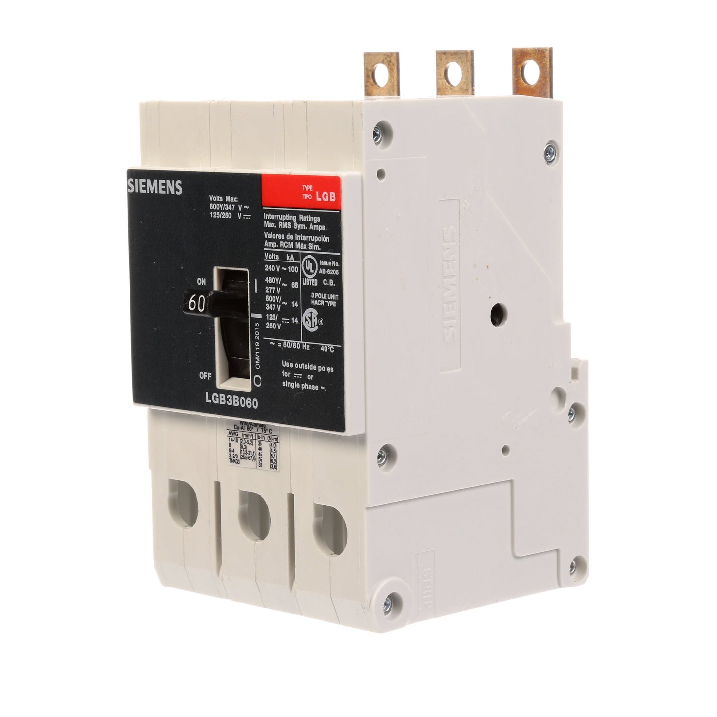 Siemens LGB3B060B Molded Case Circuit Breaker | 600V 60A 3P 100kA@240V Bolt-On VL Series