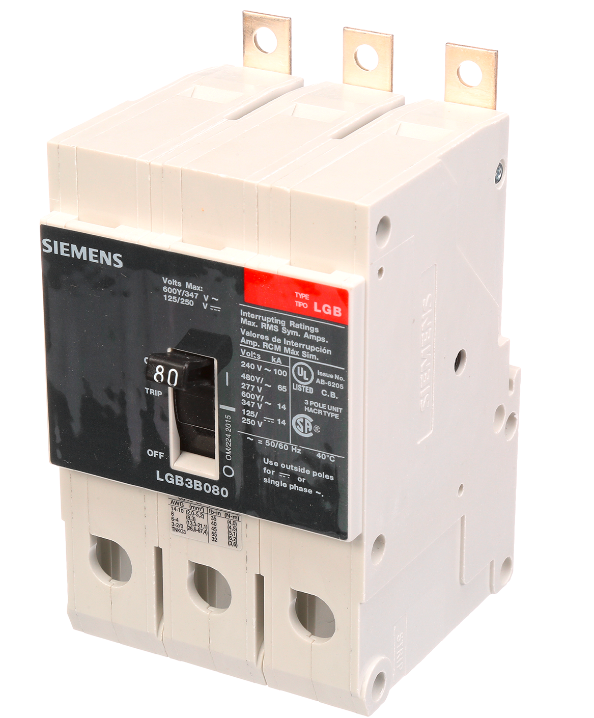 Siemens LGB3B080B Molded Case Circuit Breaker | 600V 80A 3P 100kA@240V Bolt-On VL Series