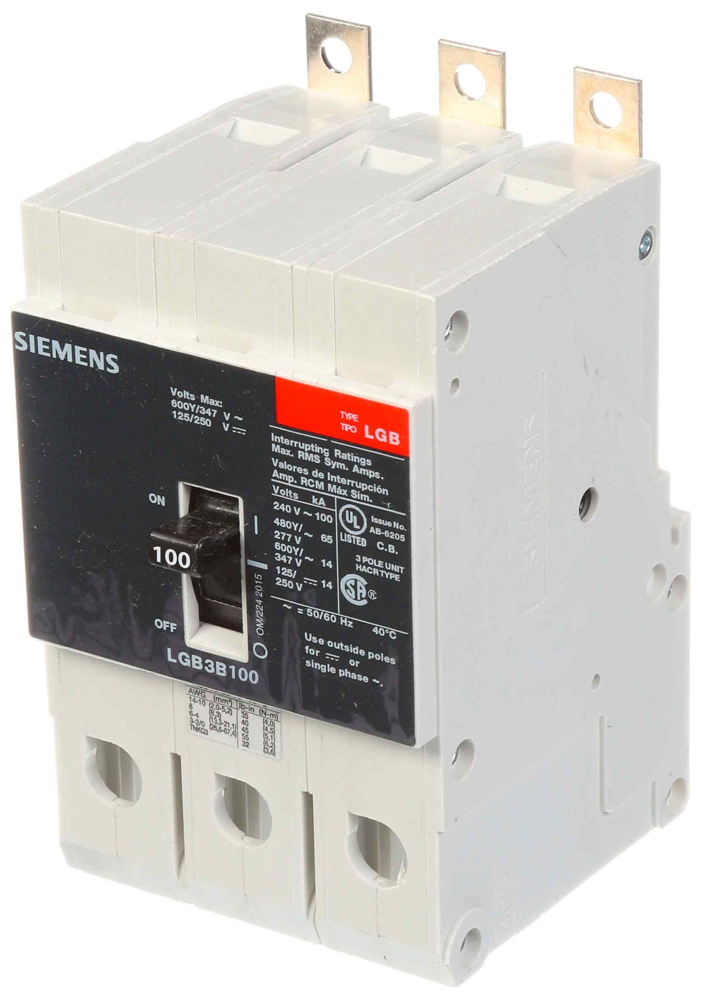 Siemens LGB3B100B Molded Case Circuit Breaker | 600V 100A 3P 100kA@240V Bolt-On VL Series