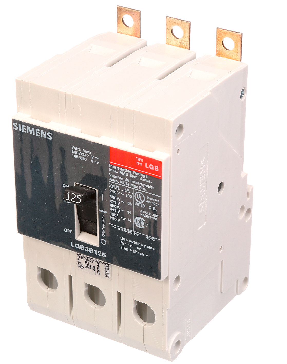 Siemens LGB3B125B Molded Case Circuit Breaker | 600V 125A 3P 100kA@240V Bolt-On VL Series