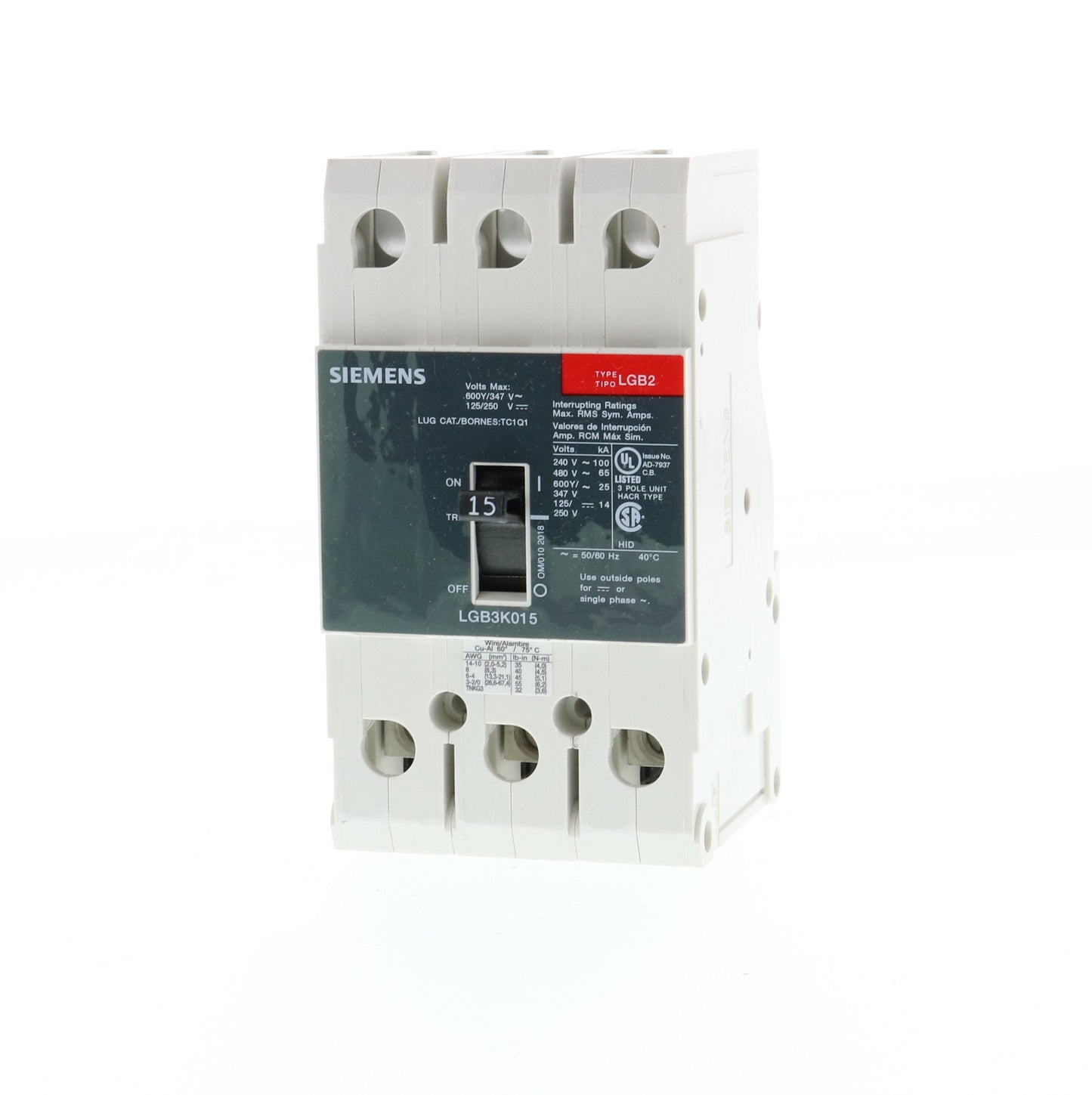 Siemens LGB3K015B Circuit Breaker | 600V 15A 3P 65kA@480V Bolt-On GB2 Series