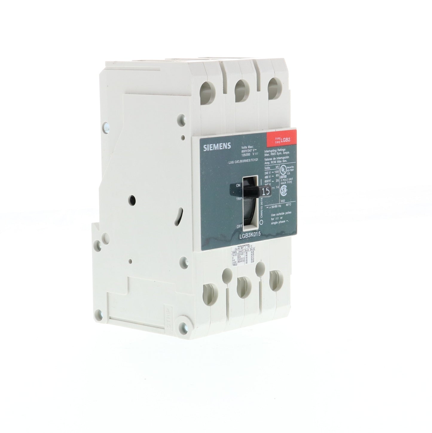 Siemens LGB3K015B Circuit Breaker | 600V 15A 3P 65kA@480V Bolt-On GB2 Series