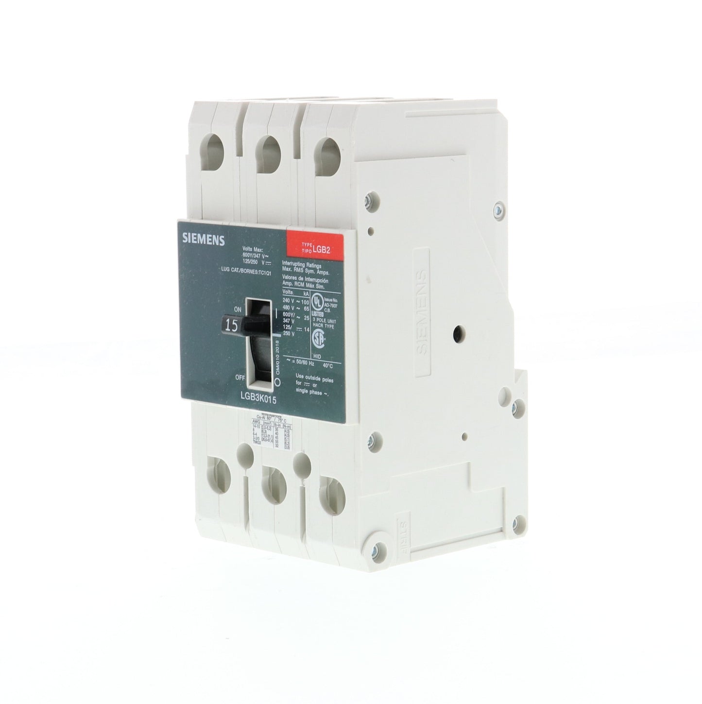 Siemens LGB3K015B Circuit Breaker | 600V 15A 3P 65kA@480V Bolt-On GB2 Series