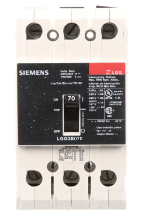 Siemens LGG3B070L Molded Case Circuit Breaker | 600V 70A 3P 65kA@480V Feed-Thru VL Series