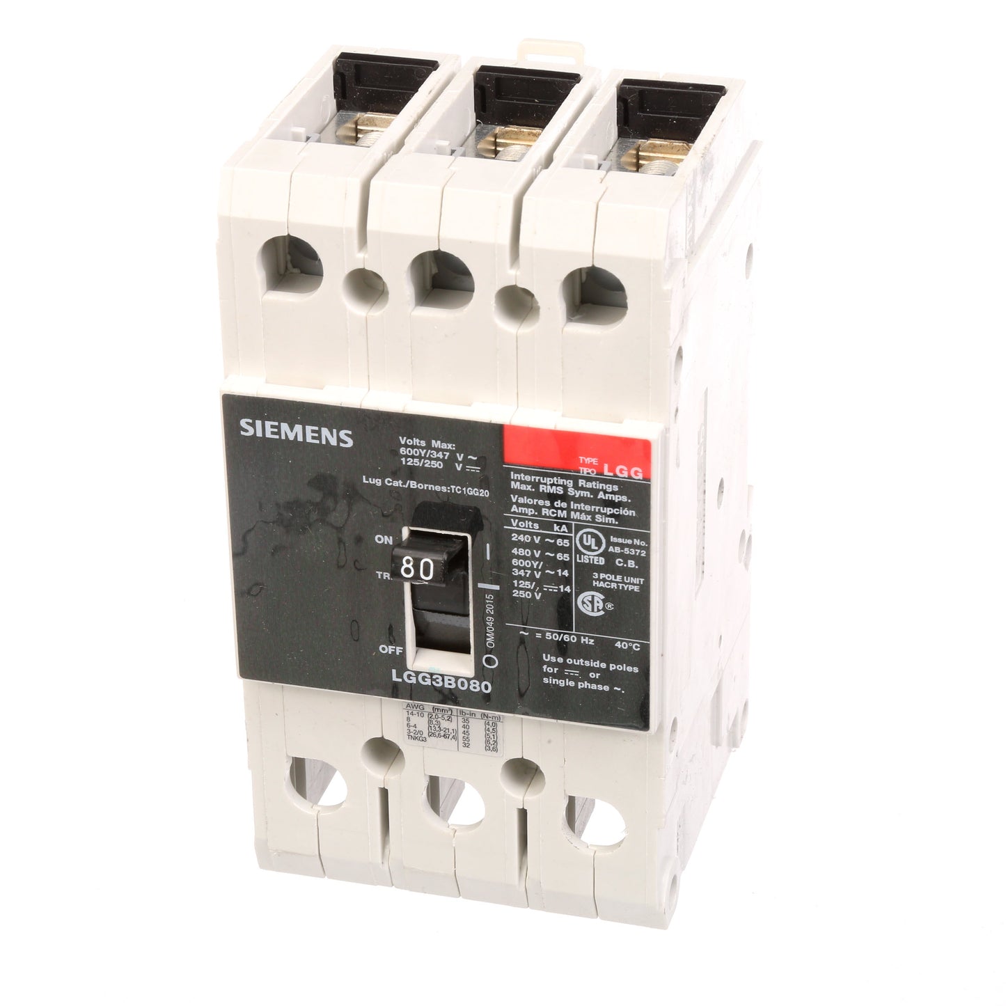 Siemens LGG3B080L Molded Case Circuit Breaker | 600V 80A 3P 65kA@480V Feed-Thru VL Series