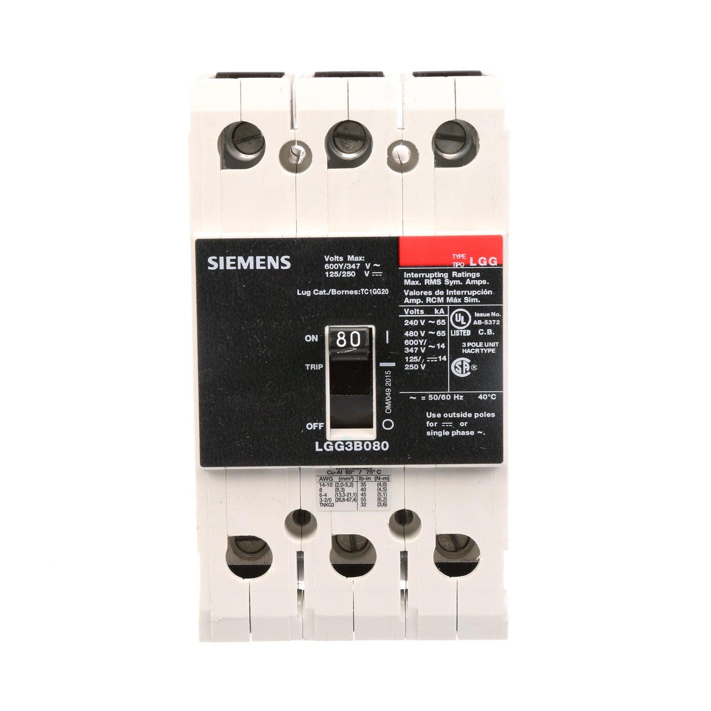 Siemens LGG3B080L Molded Case Circuit Breaker | 600V 80A 3P 65kA@480V Feed-Thru VL Series