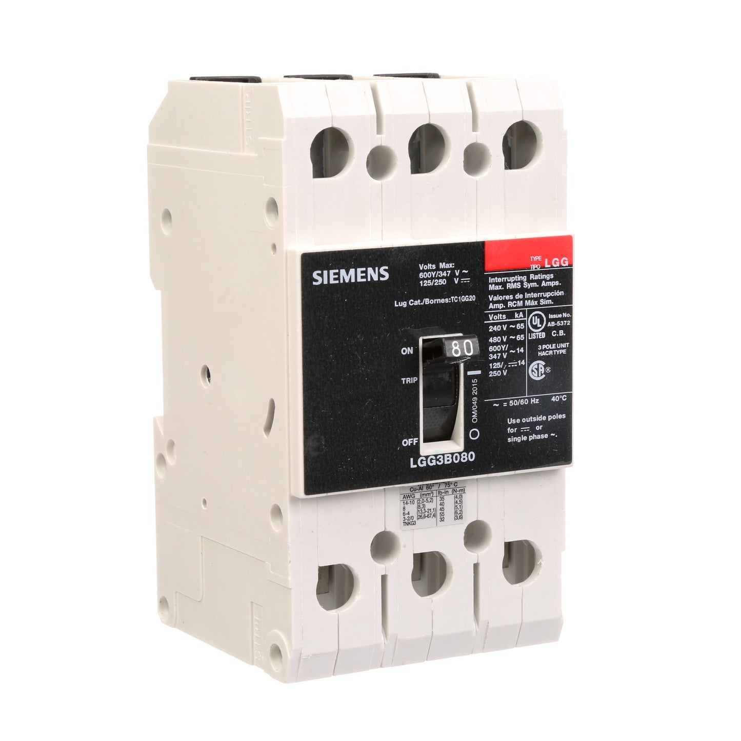 Siemens LGG3B080L Molded Case Circuit Breaker | 600V 80A 3P 65kA@480V Feed-Thru VL Series