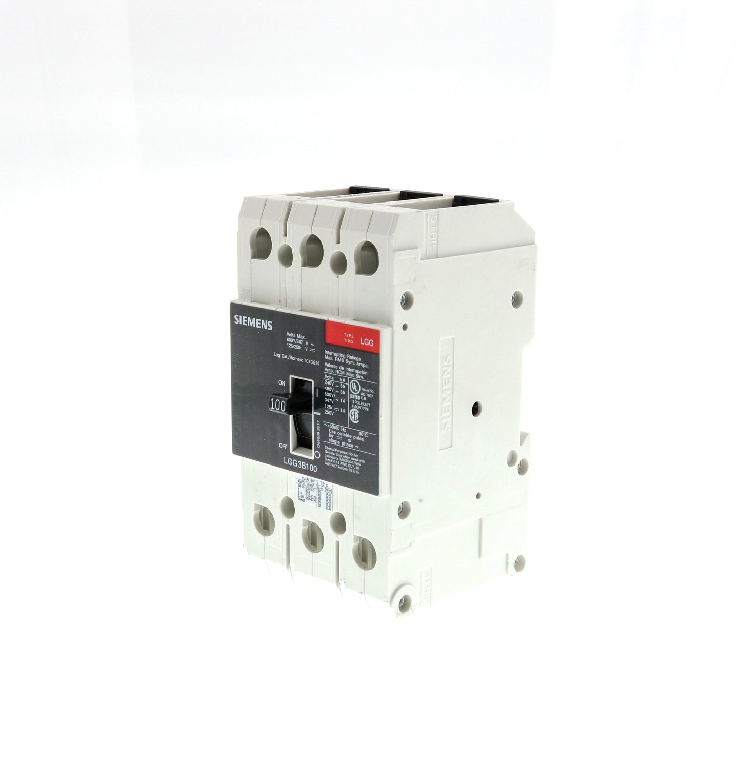 Siemens LGG3B100L Molded Case Circuit Breaker | 600V 100A 3P 65kA@480V Feed-Thru VL Series