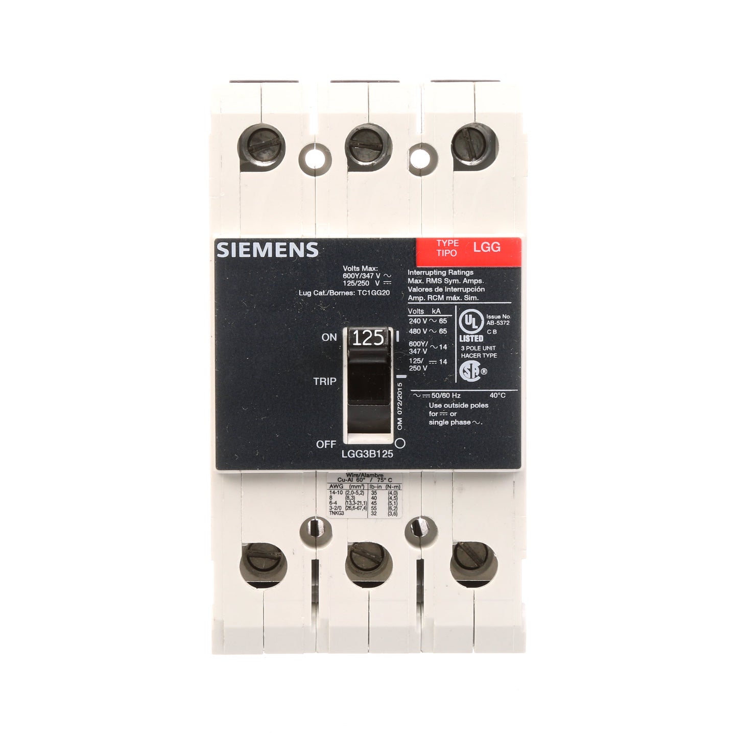 Siemens LGG3B125L Molded Case Circuit Breaker | 600V 125A 3P 65kA@480V Feed-Thru VL Series