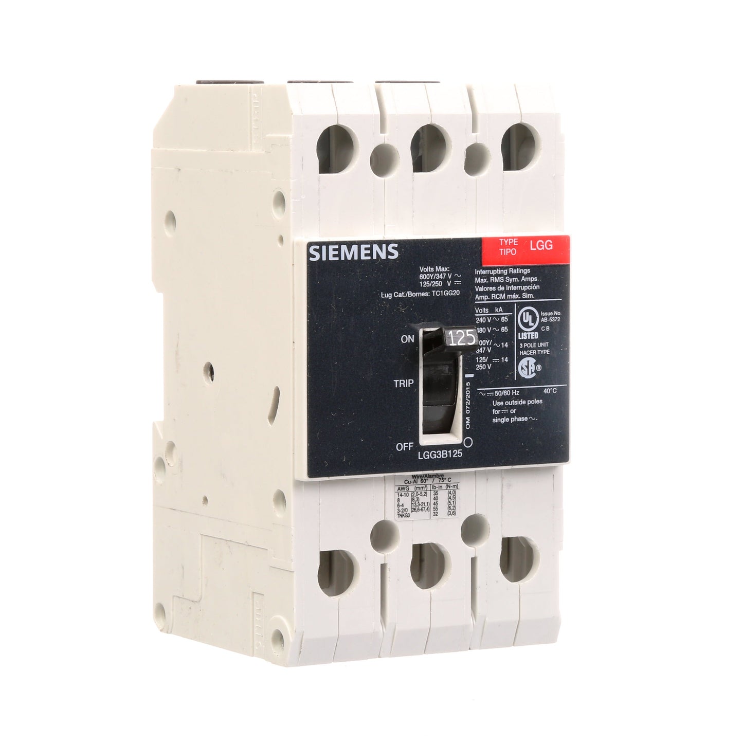 Siemens LGG3B125L Molded Case Circuit Breaker | 600V 125A 3P 65kA@480V Feed-Thru VL Series