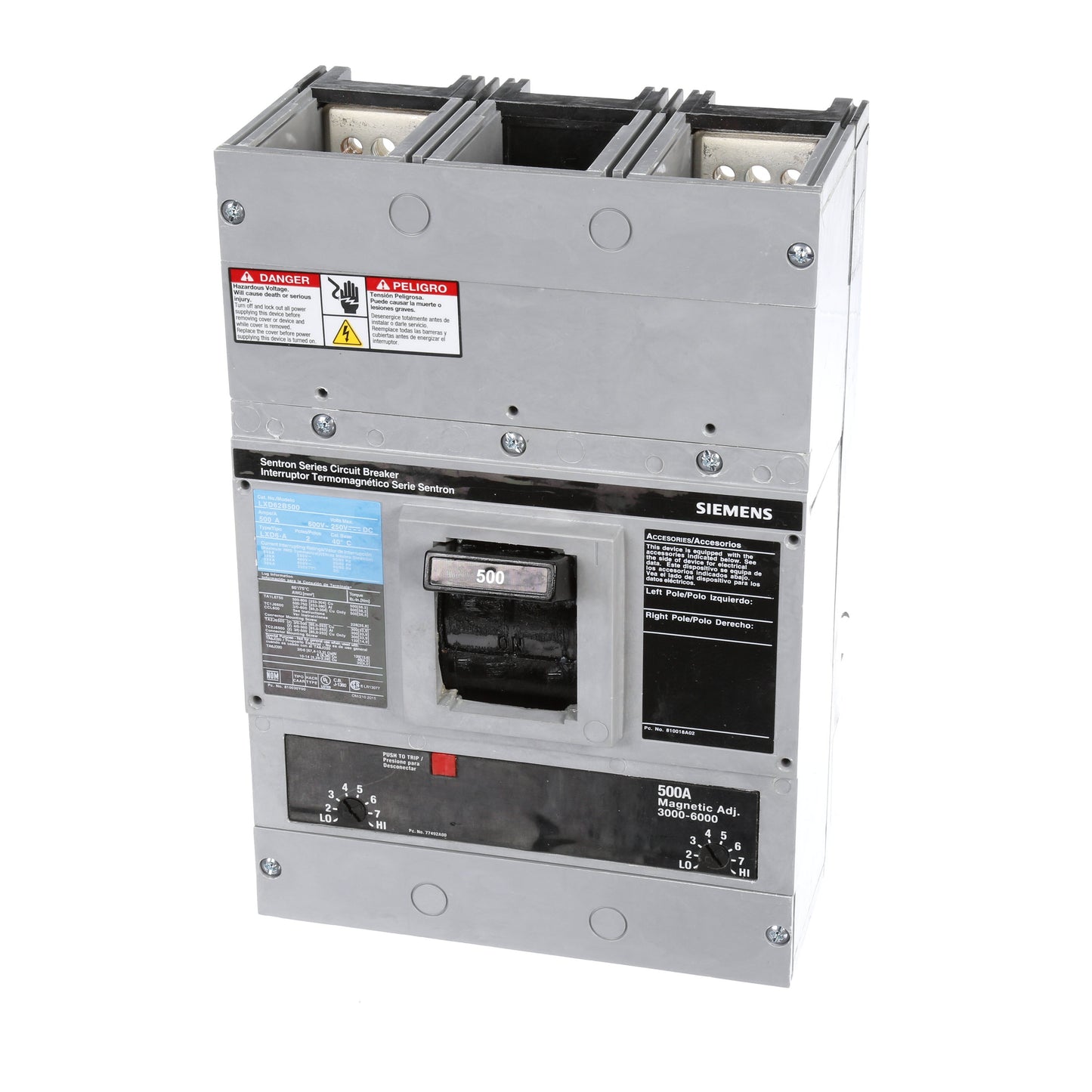 Siemens LXD62B500 Molded Case Circuit Breaker | 600V 500A 2P 35kA@480V Bolt-On Sentron Series