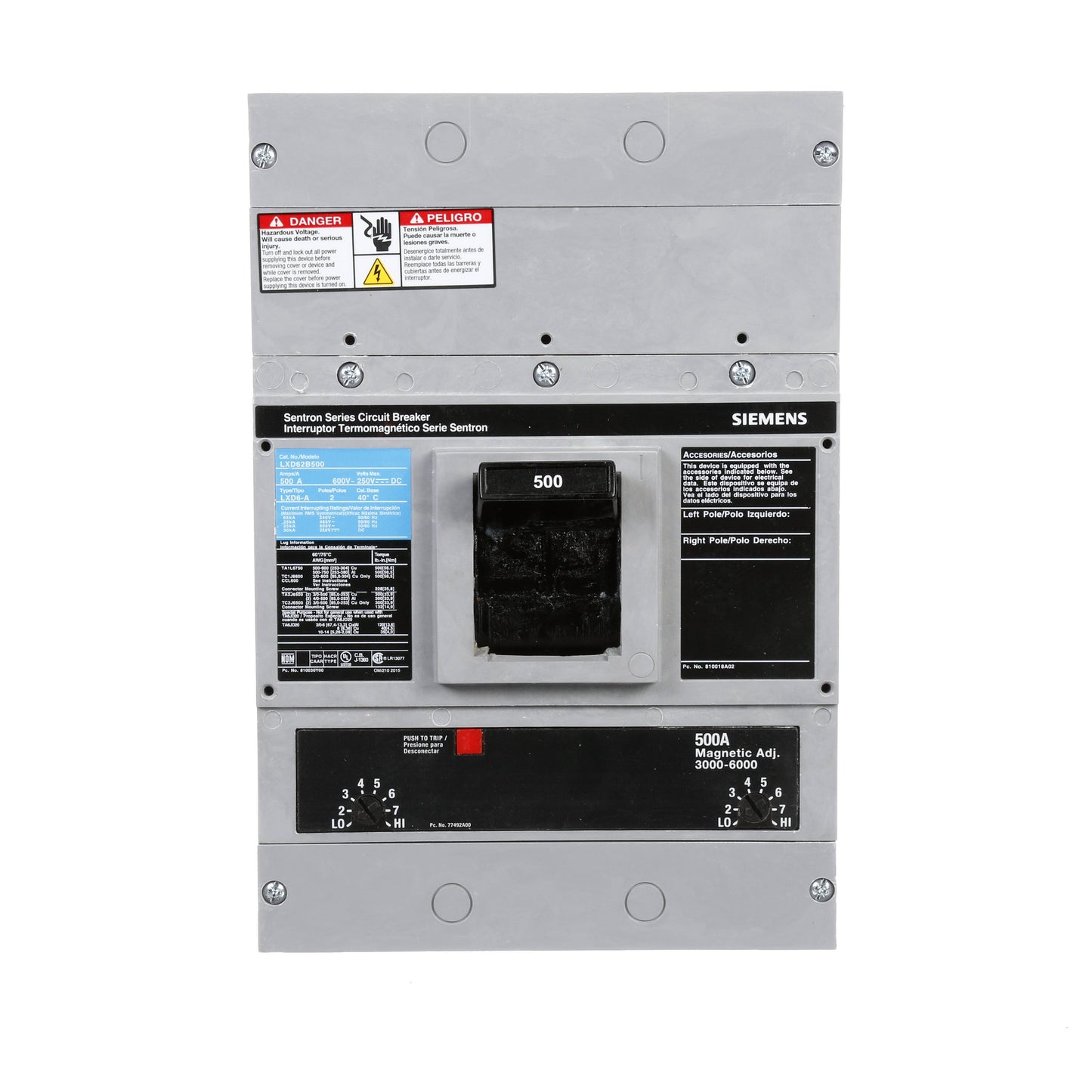 Siemens LXD62B500 Molded Case Circuit Breaker | 600V 500A 2P 35kA@480V Bolt-On Sentron Series
