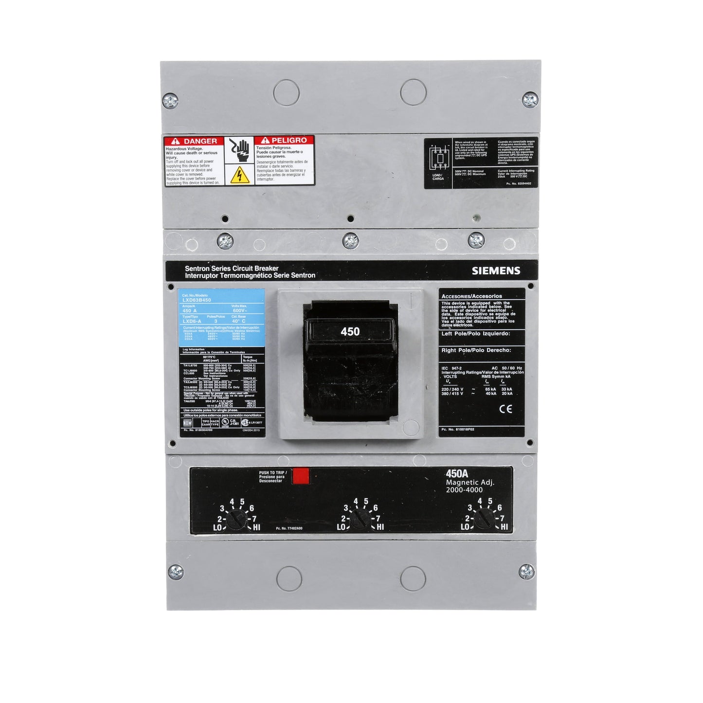 Siemens LXD63B450 Molded Case Circuit Breaker | 600V 450A 3P 35kA@480V Bolt-On Sentron Series