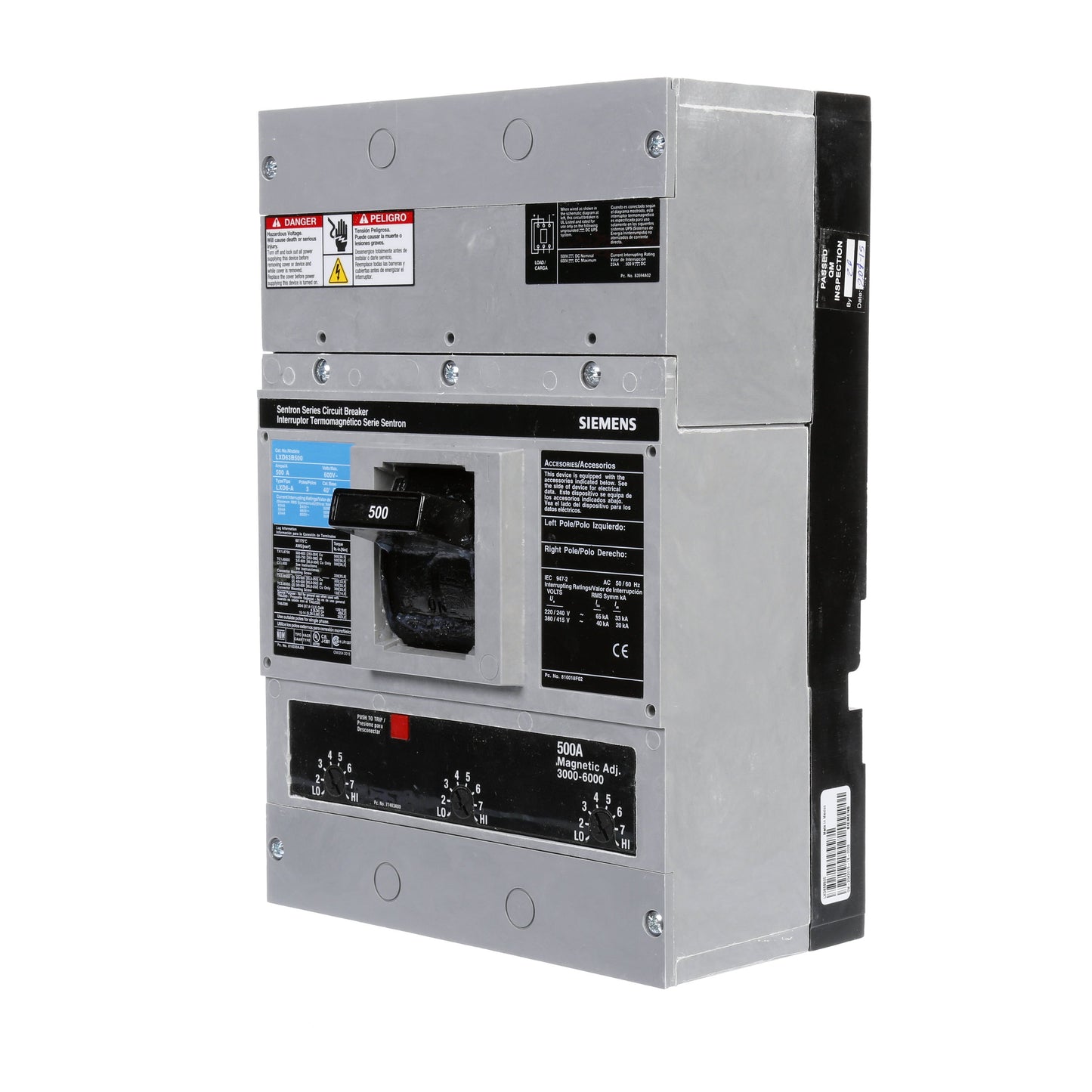 Siemens LXD63B500 Molded Case Circuit Breaker | 600V 500A 3P 35kA@480V Bolt-On Sentron Series
