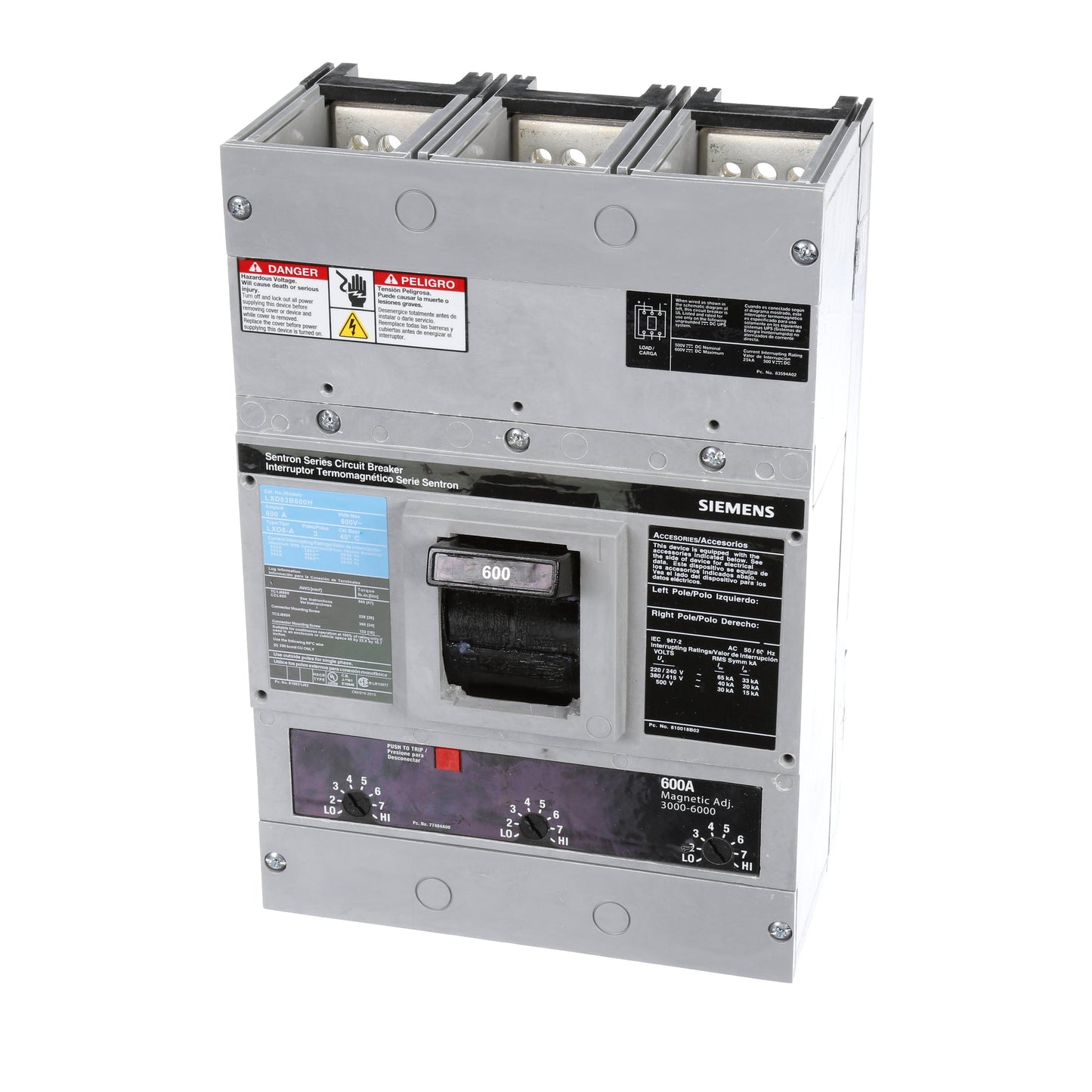 Siemens LXD63B600H Molded Case Circuit Breaker | 600V 600A 3P 35kA@480V Bolt-On Sentron Series