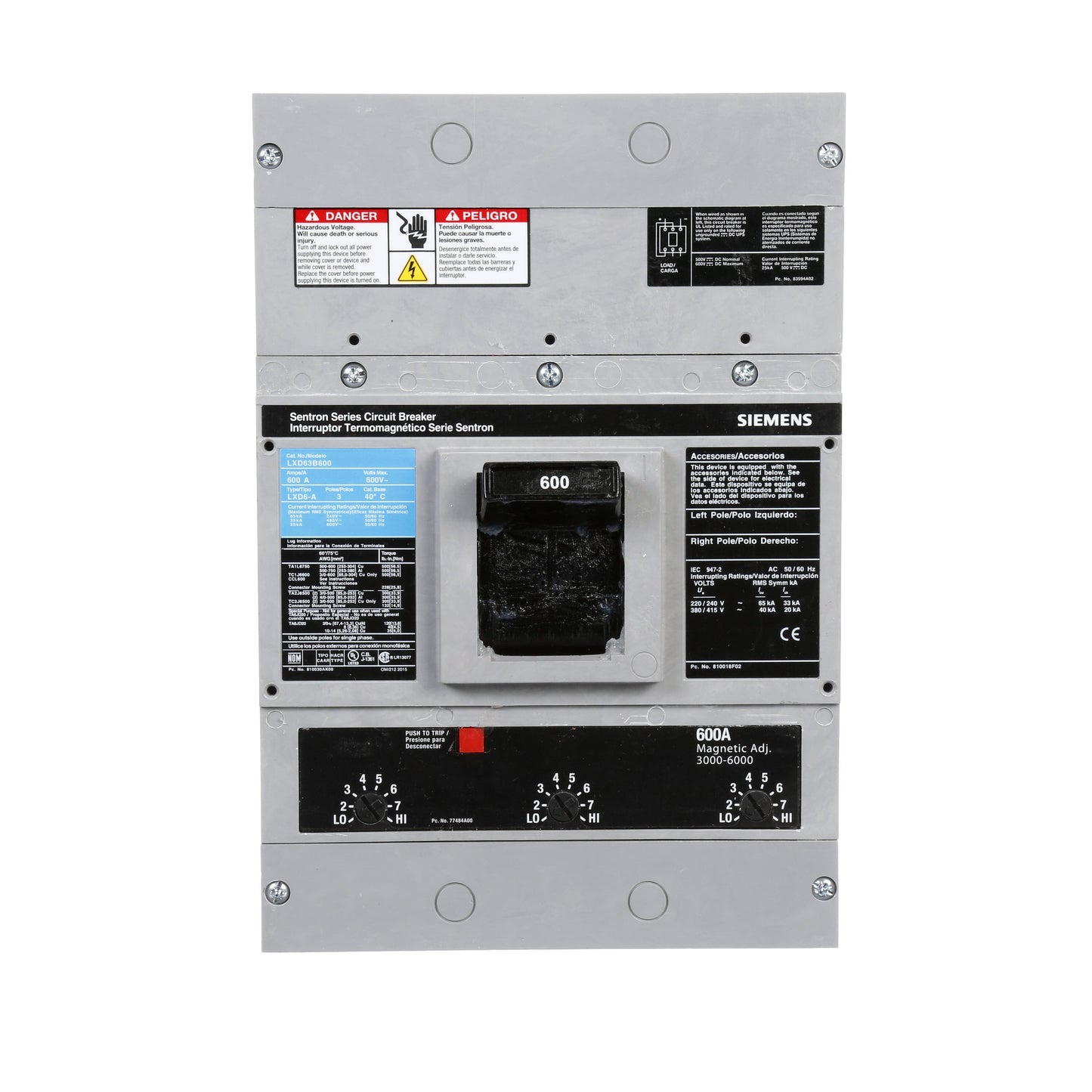 Siemens LXD63B600 Circuit Breaker | 600A 600V 3P 35kA@480V Bolt-On Sentron Series
