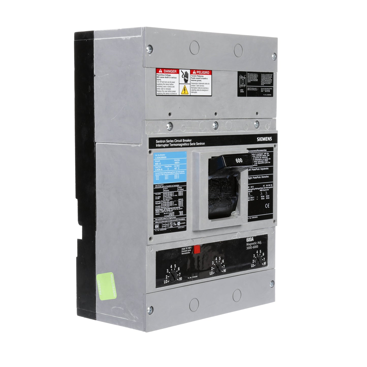 Siemens LXD63B600 Circuit Breaker | 600A 600V 3P 35kA@480V Bolt-On Sentron Series