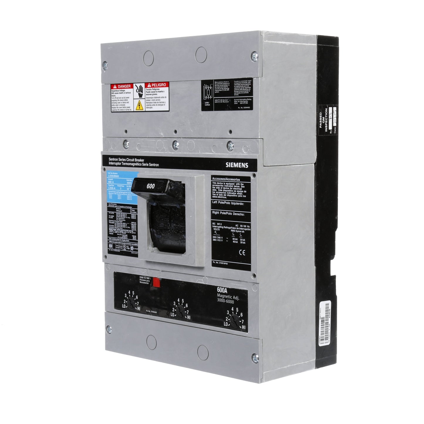 Siemens LXD63B600 Circuit Breaker | 600A 600V 3P 35kA@480V Bolt-On Sentron Series