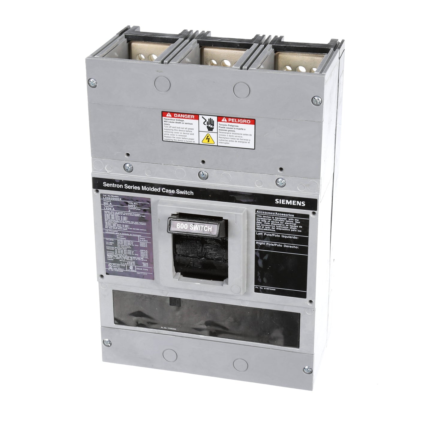 Siemens LXD63S600A Molded Case Circuit Breaker | 600V 600A 3P 35kA@480V Bolt-On Sentron Series