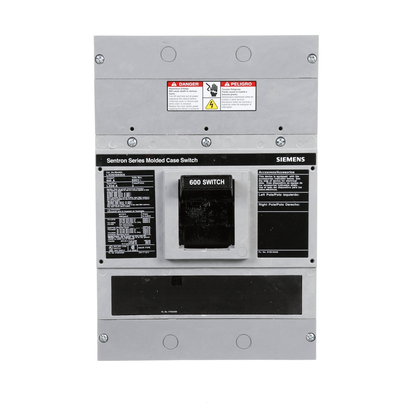 Siemens LXD63S600A Molded Case Circuit Breaker | 600V 600A 3P 35kA@480V Bolt-On Sentron Series