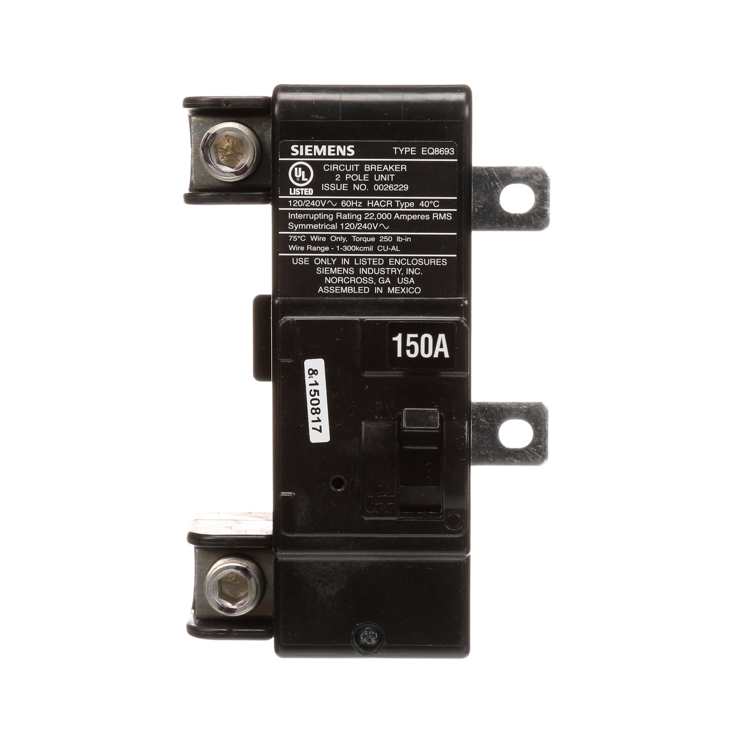 Siemens MBK150A Circuit Breaker | 240V 150A 2P 22kA@240V Plug-In MBK Series