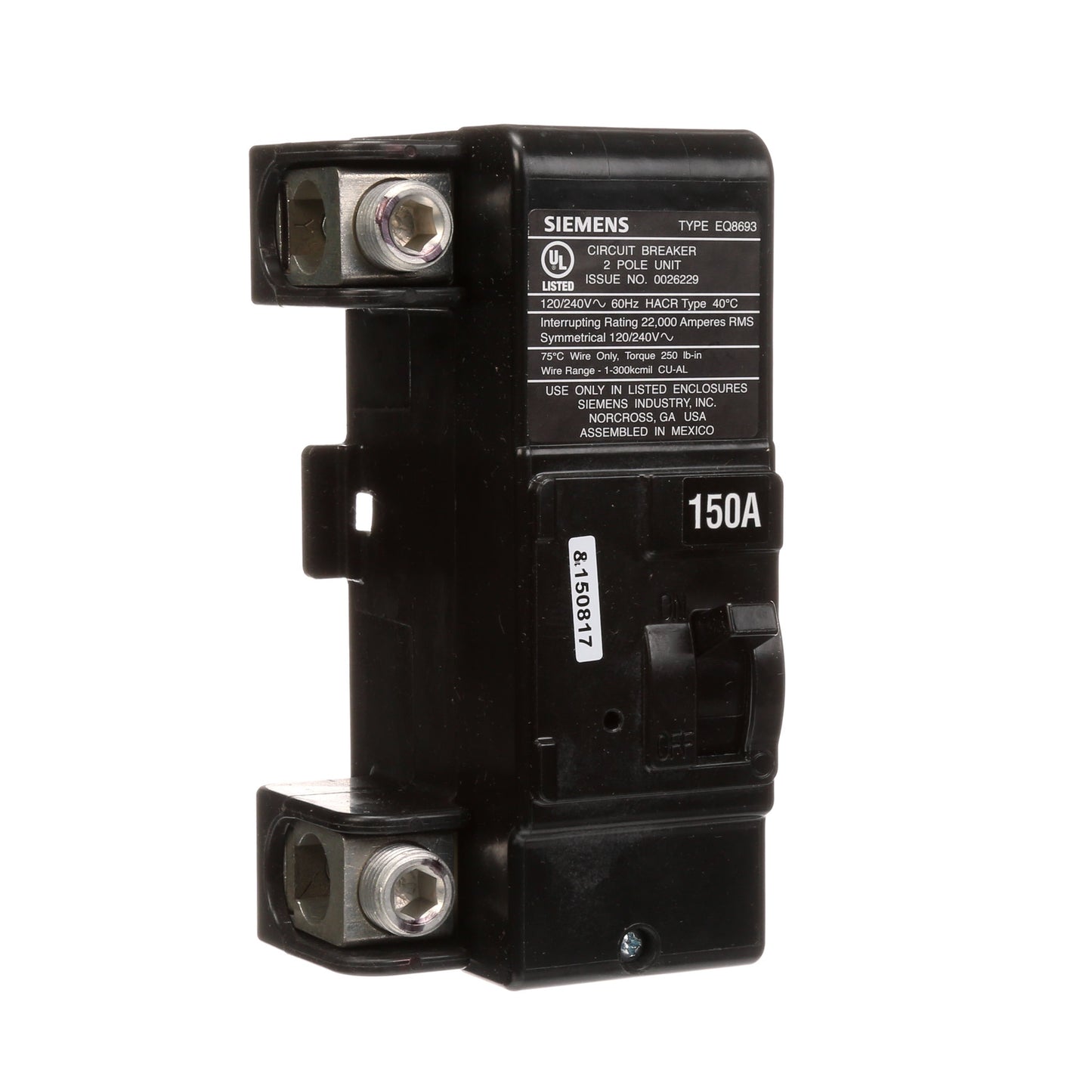 Siemens MBK150A Circuit Breaker | 240V 150A 2P 22kA@240V Plug-In MBK Series