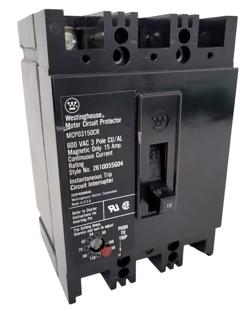 Cutler Hammer MCP03150CR Circuit Breaker | 600V 15A 3P 65kA@480V Bolt-On MCP Series