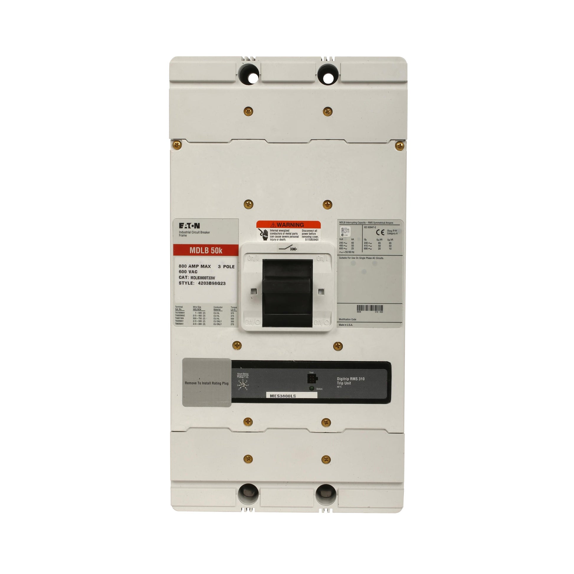 CMDLB3800T36W - Cutler Hammer Bolt-On 600V 800A 3 pole circuit breaker 50kA@480V - Essential Electric Supply