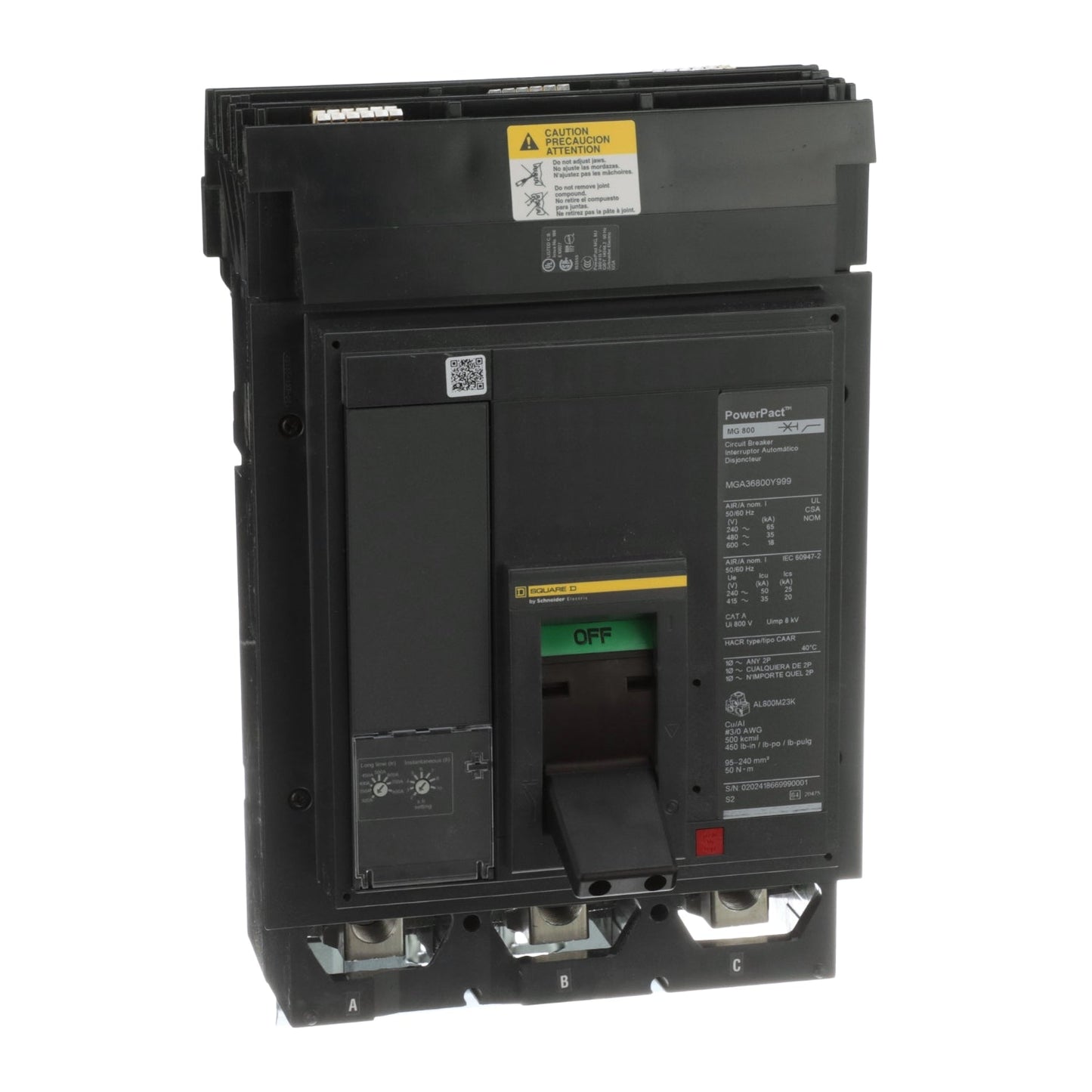 Square D MGA36800E10 Circuit Breaker | 600V 800A 3P 35kAIC@480V I-Line Style Plug-In Powerpact