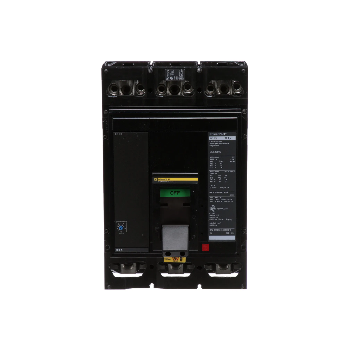Square D MGL36500 Circuit Breaker | 600V 500A 3P 35kA@480V Lug In/Lug Out Powerpact MGL
