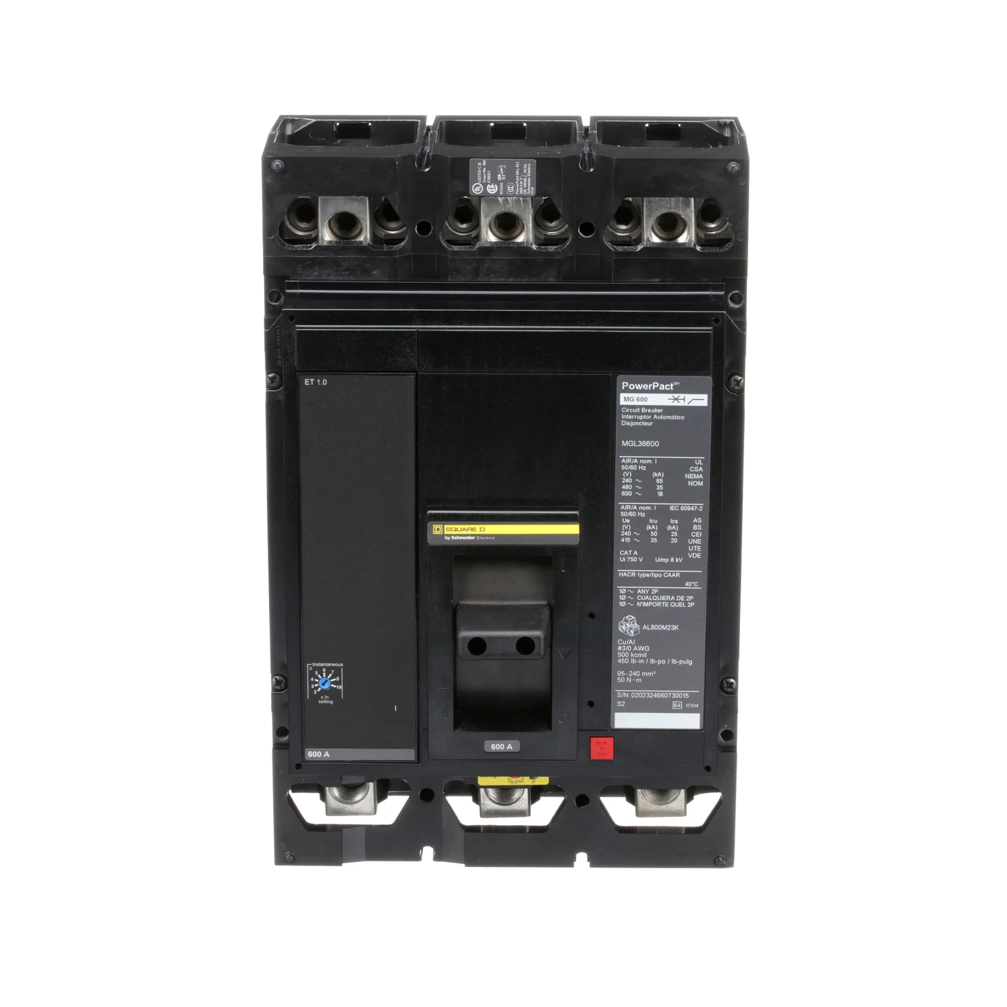 Square D MGL36600 Circuit Breaker | 600V 600A 3P 35kA@480V Lug In/Lug Out Powerpact