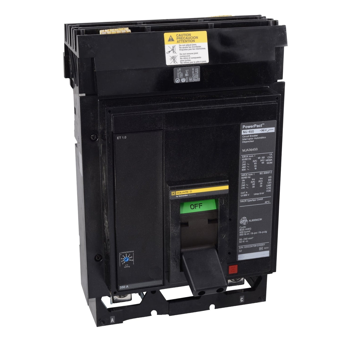 Square D MJA36450 Circuit Breaker | 600V 450A 3P 65kA@480V Panel Mount Powerpact