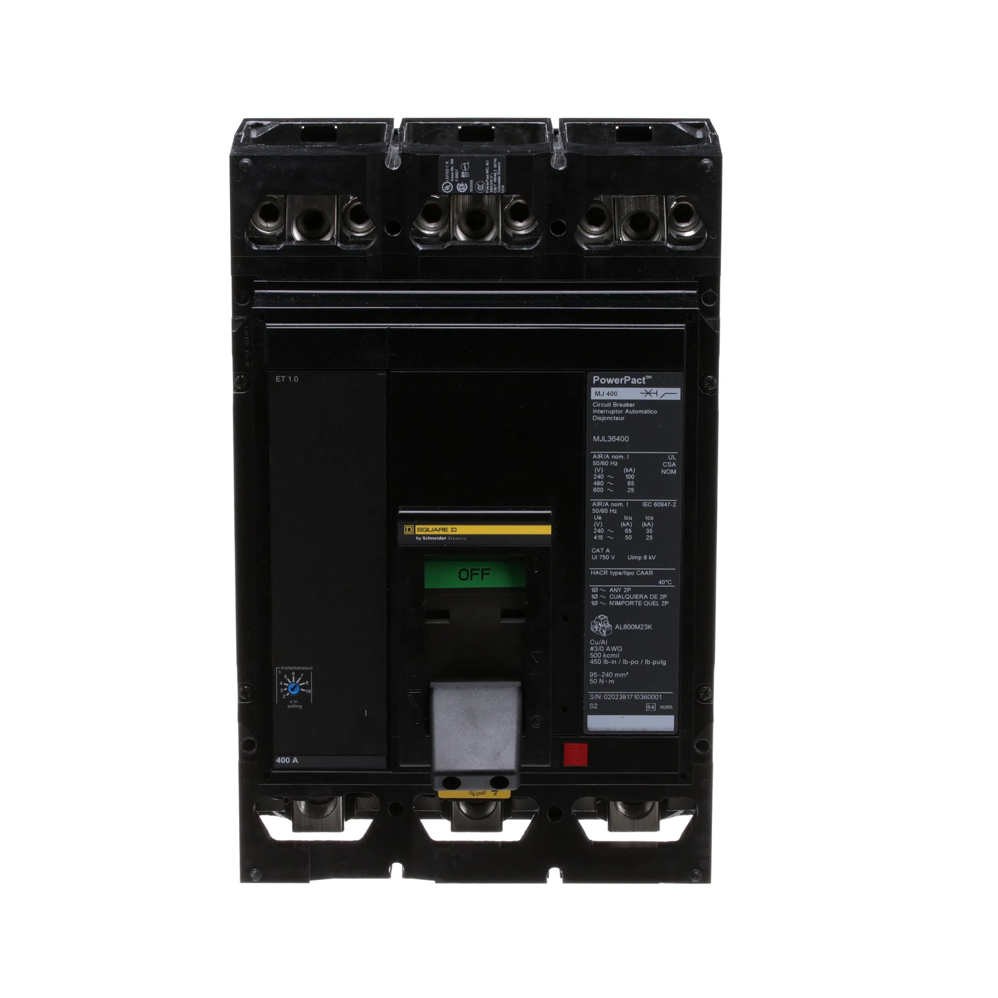 Square D MJL36400 Circuit Breaker | 600V 400A 3P 65kA@480V Lug In/Lug Out Powerpact MJL