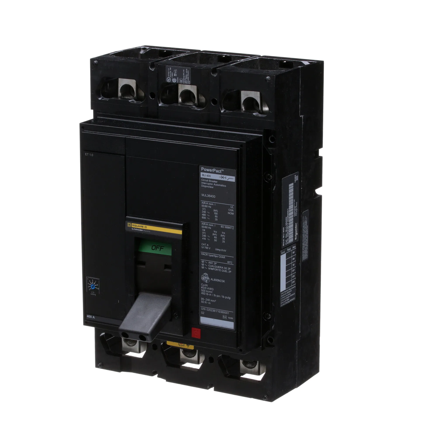 Square D MJL36400 Circuit Breaker | 600V 400A 3P 65kA@480V Lug In/Lug Out Powerpact MJL