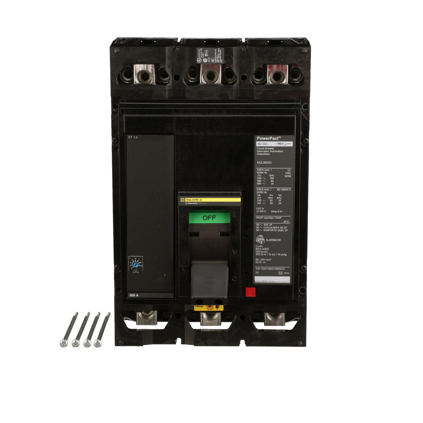 Square D MJL36500 Circuit Breaker | 600V 500A 3P 65kA@480V Lug In/Lug Out Powerpact
