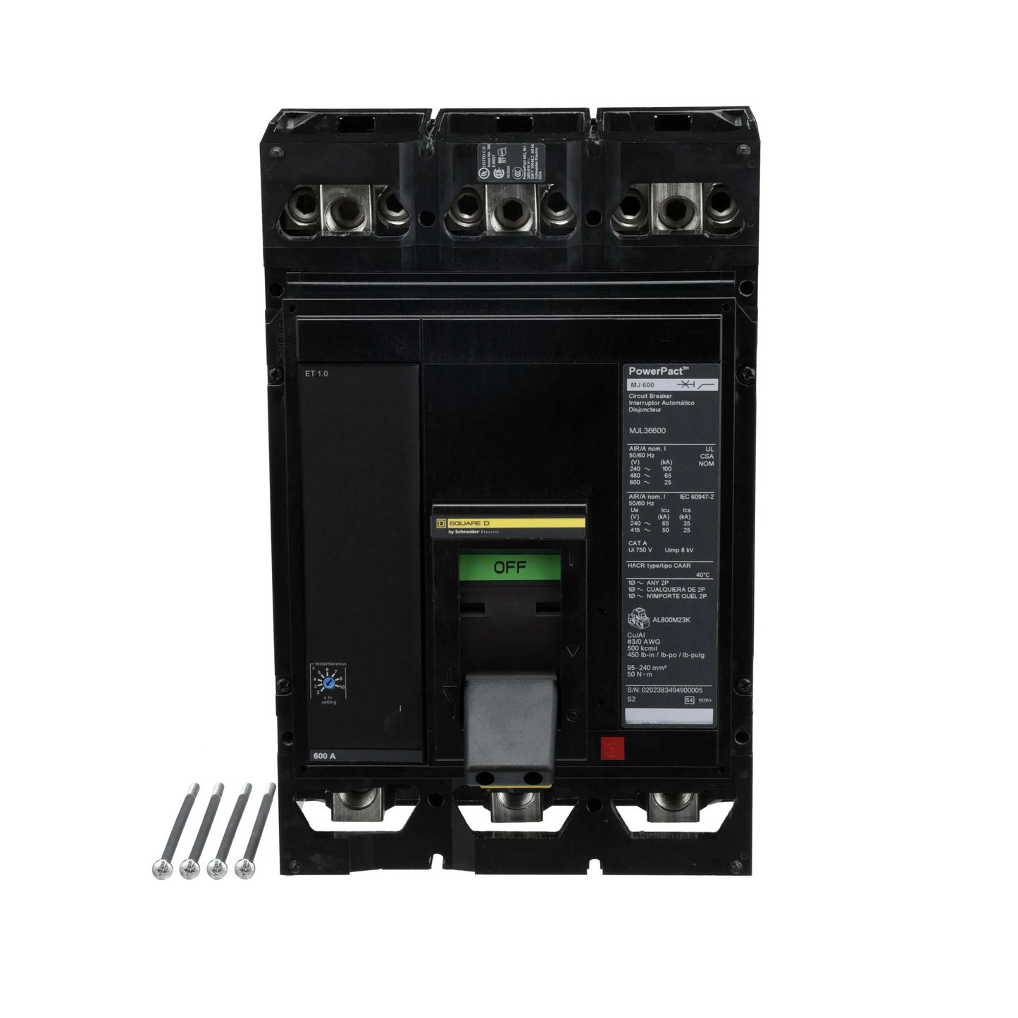Square D MJL36600 Circuit Breaker | 600V 600A 3P 65kA@480V Lug In/Lug Out Powerpact