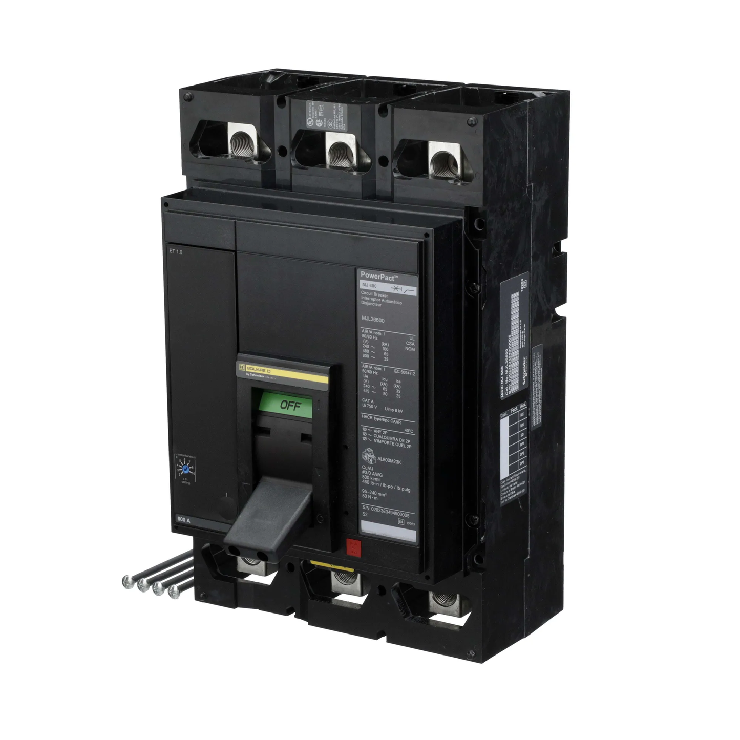 Square D MJL36600 Circuit Breaker | 600V 600A 3P 65kA@480V Lug In/Lug Out Powerpact
