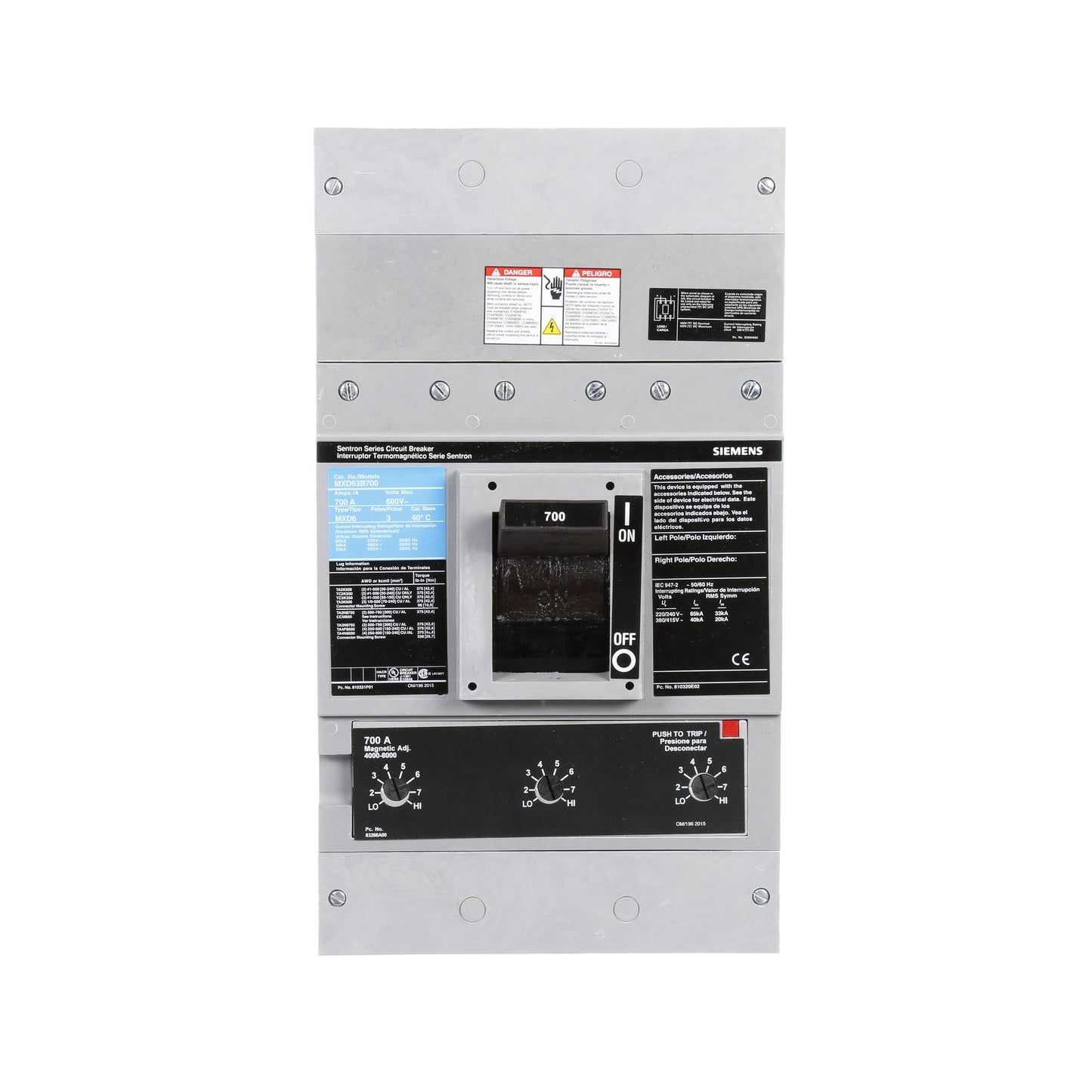 Siemens MXD63B700 Circuit Breaker | 600V 700A 3P 50kA@480V Bolt-On Sentron Series