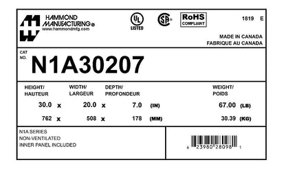 Hammond N1A30207 Circuit Breaker Enclosure | UL 50 Type 1 CSA Type 1 NEMA Type 1 IEC 60529 IP20