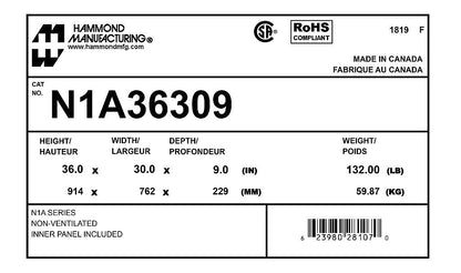Hammond N1A36309 Circuit Breaker Enclosure | UL 50 Type 1 CSA Type 1 NEMA Type 1 IEC 60529 IP20