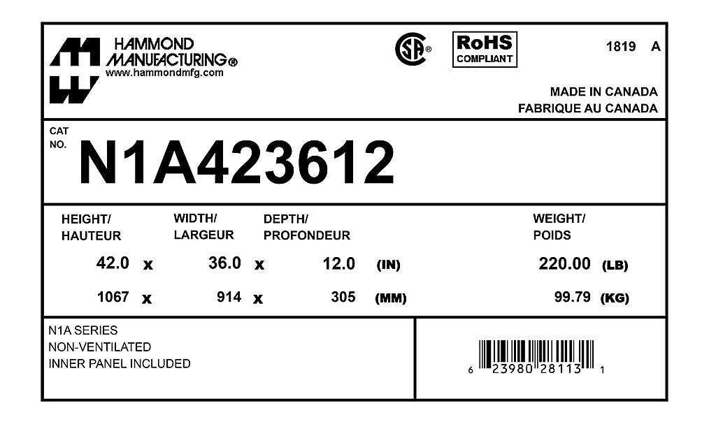 Hammond N1A423612 Circuit Breaker Enclosure | UL 50 Type 1 CSA Type 1 NEMA Type 1 IEC 60529 IP20