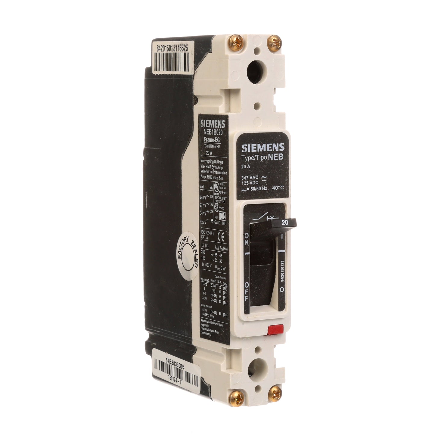 Siemens NEB1B020B Circuit Breaker | 277V 20A 1P 35kA@277V Bolt-On NEB Series