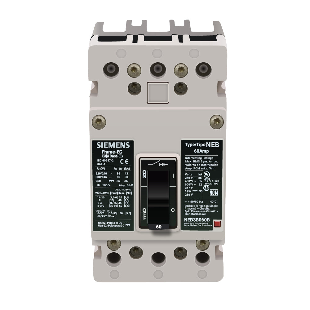 Siemens NEB3B060B Molded Case Circuit Breaker | 600V 60A 3P 35kA@480V Bolt-On NEB Series