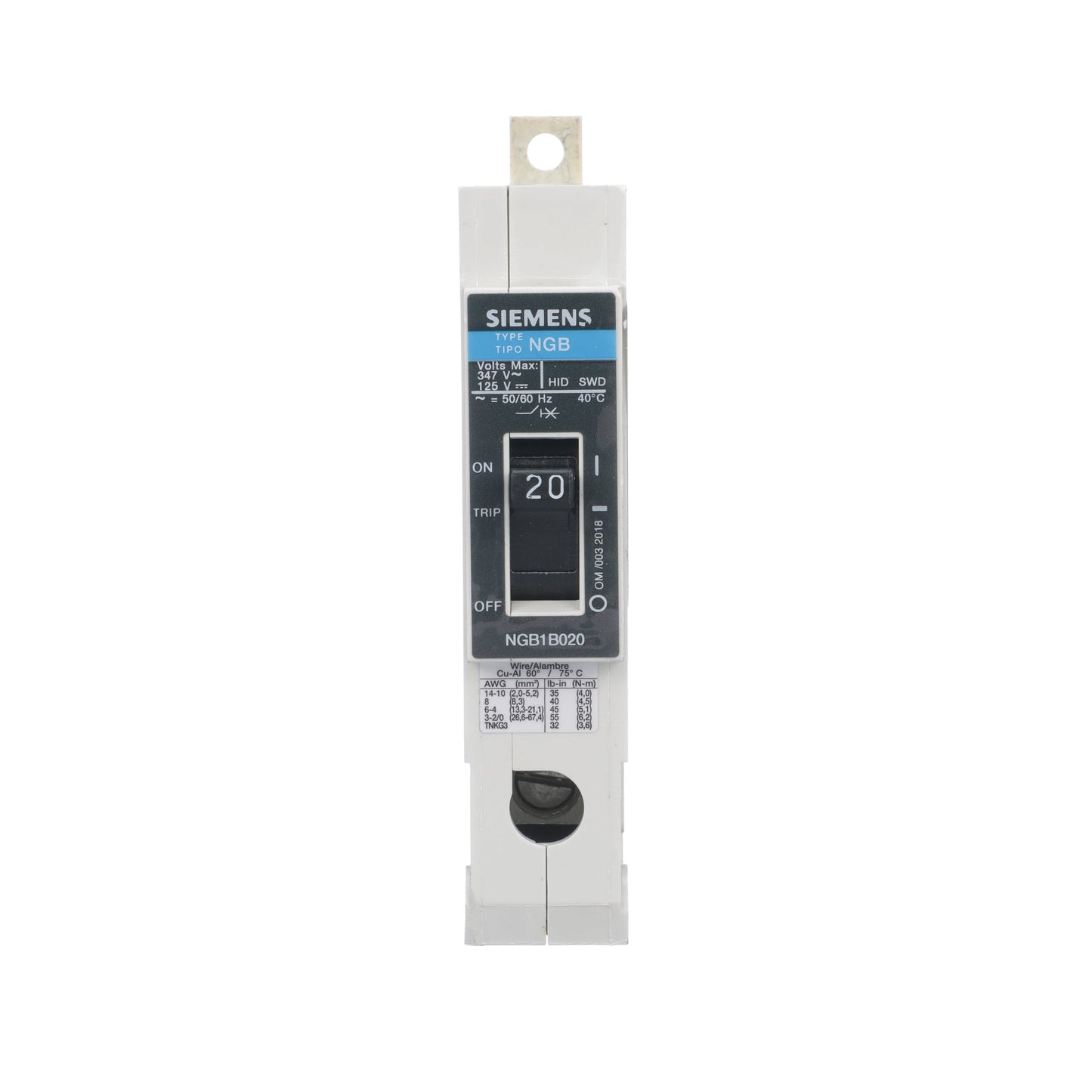 Siemens NGB1B020V Circuit Breaker | 347V 20A 1P 25kA@277V Bolt-On VL Series